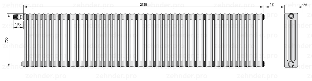 Схема (чертеж) Радиатор Zehnder Charleston 4075/53 №V011 Белый глянцевый RAL 9016